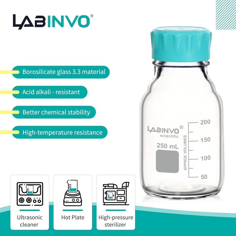LINVO Glass Round Media Storage Bottles, 4pcs of Vol.250ml, 3.3 Borosilicate Glass Material, With GL45 Polypropylene Screw Cap in Aqua Blue Color, Type B Cap,IN-RB250A - Image 3